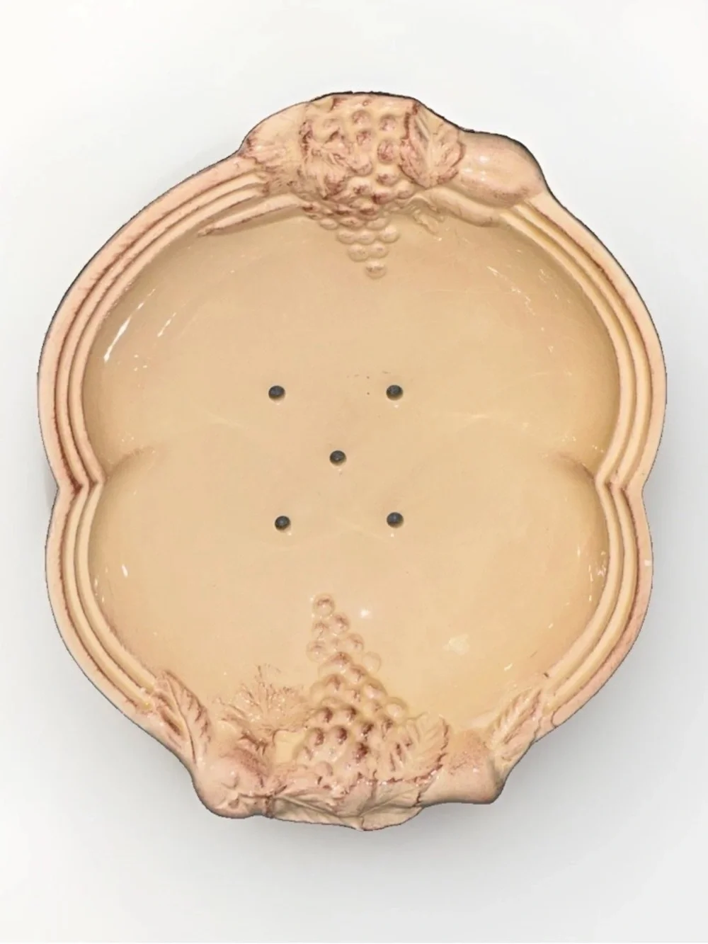 Vintage Ceramic Pottery Berry Bowl / Fruit Strainer Raised Grapes & Leaves Cream